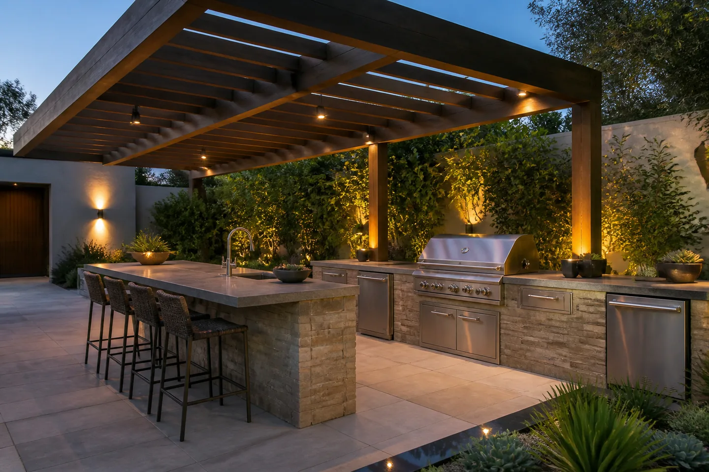 Illustrative outdoor kitchen and pergola concept